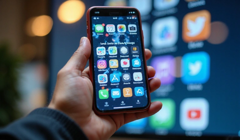 A person's hand holding a smartphone displaying a social media feed, with various app icons blurred in the background, symbolizing digital marketing.