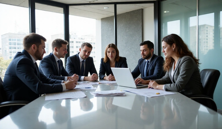 A team of diverse professionals collaborating around a large table in a modern office, engaged in a strategic discussion about business growth.