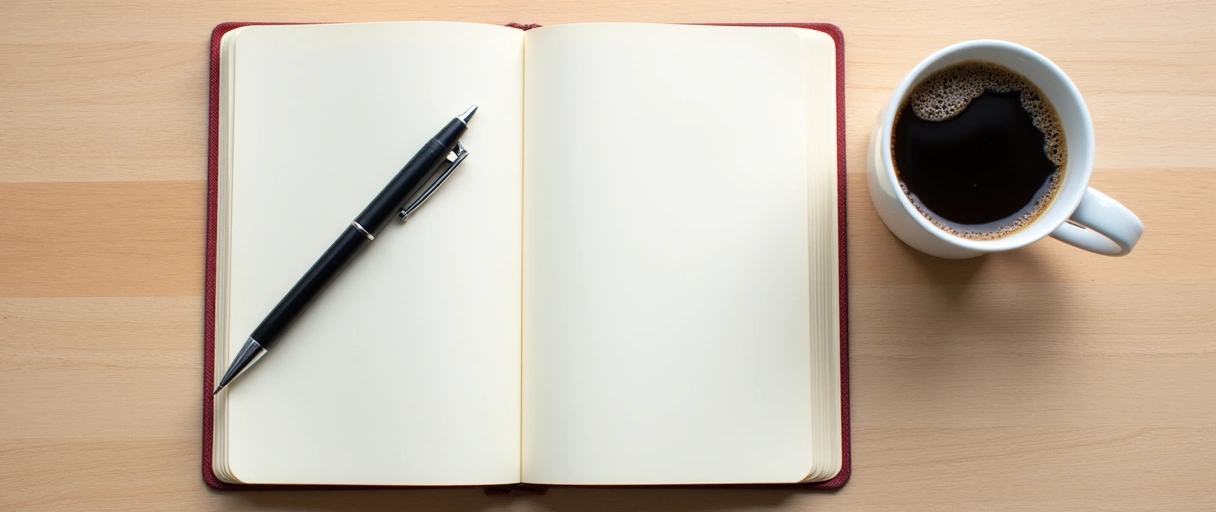 Open notebook with a pen and coffee, symbolizing content creation and thought leadership.