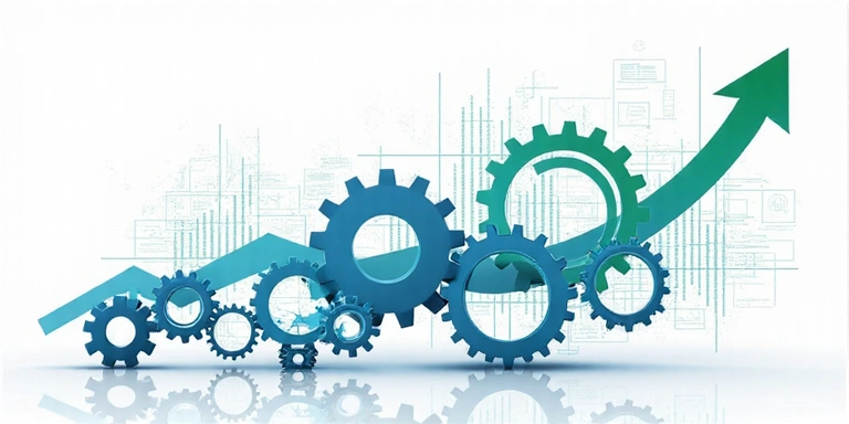 Abstract representation of business growth and success with interconnected gears and upward arrows