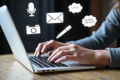 Person writing on a laptop with content ideas around