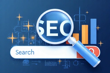 SEO concept showing a magnifying glass over a search bar