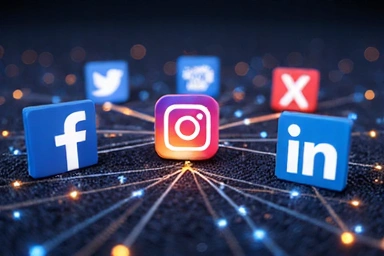 Social media icons interconnected with lines