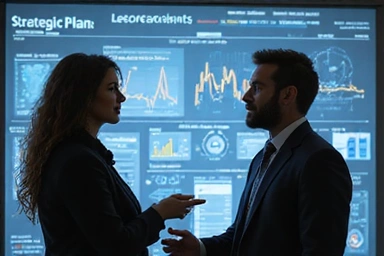 Two business people discussing strategy with charts